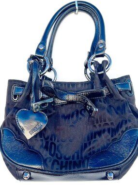 MINT MOSCHINO Black Spellout Jacquard Patent Leather Bow Hobo Bag Heart Charm Y2